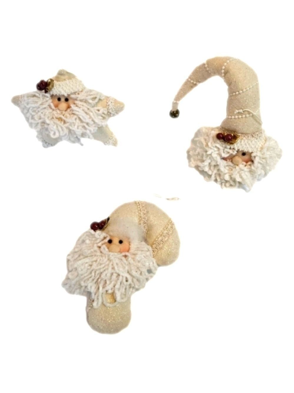 Handmade Santa Christmas Ornaments 3pc Set White Glitter